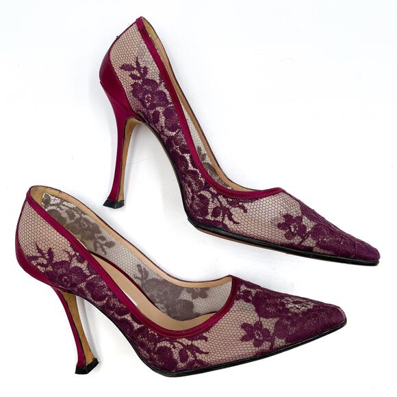 Manolo Blahnik Lace‎ Pumps Burgundy Red Floral Pointed Toe Sheer Sz 37 / 7 - Picture 3 of 10